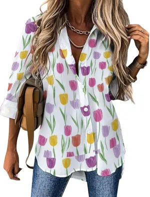Boho Women's Cotton Linen Floral Printed Blouse Ladies Summer Lapel Collar Long Sleeve Button Down Tunic Tops