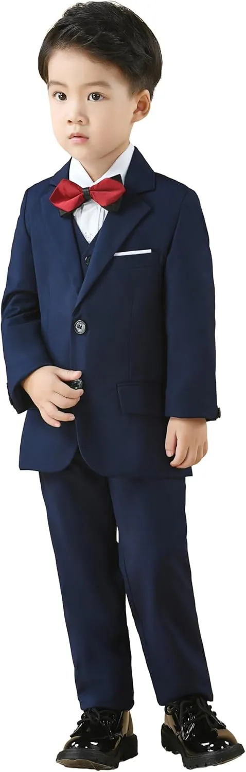 Boy's Suit Formal Slim Fit 5 Pieces Suit Set Blazer Vest Pants with Adjustable Waist Shirt with Tie