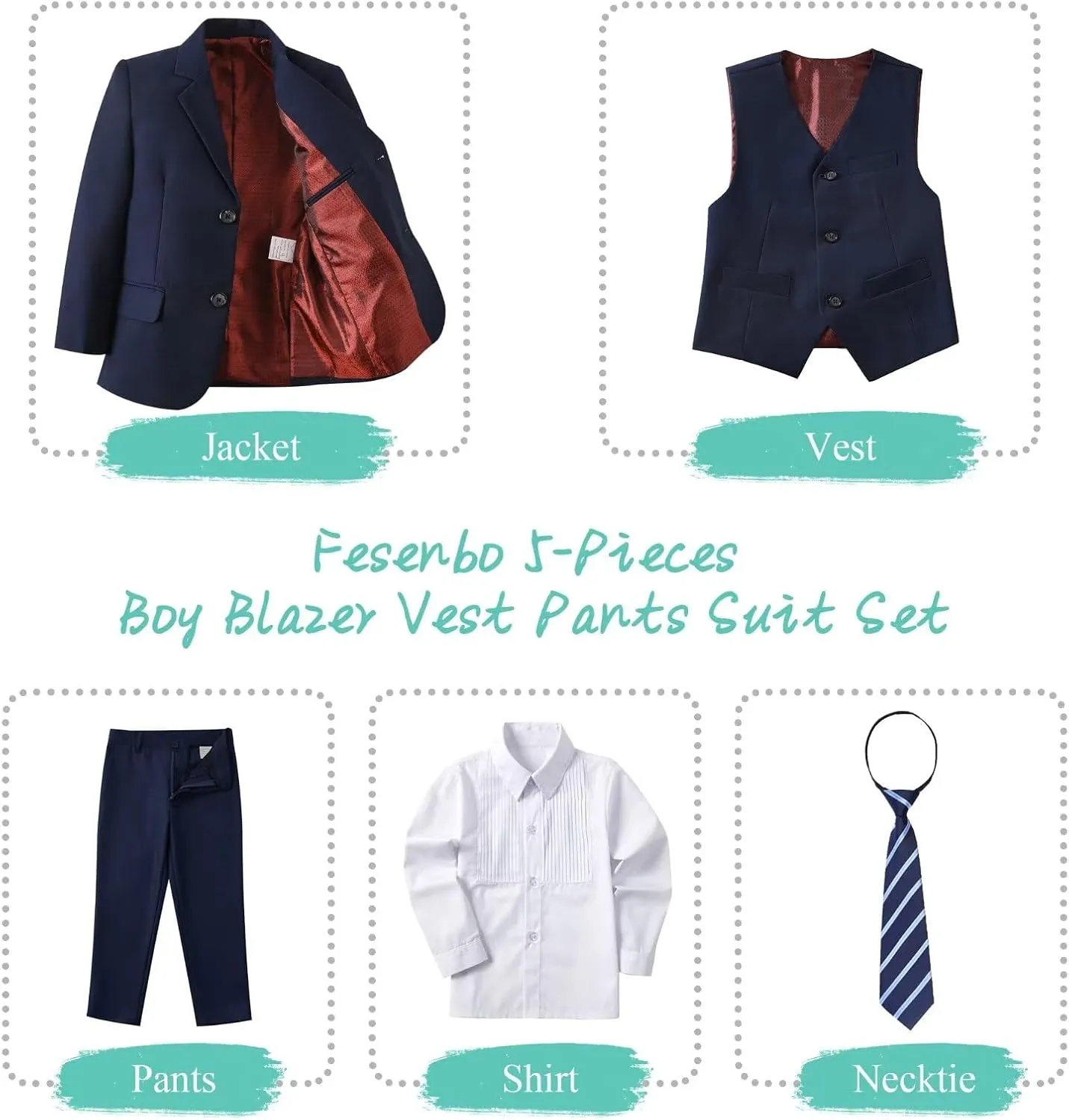 Boy's Suit Formal Slim Fit 5 Pieces Suit Set Blazer Vest Pants with Adjustable Waist Shirt with Tie