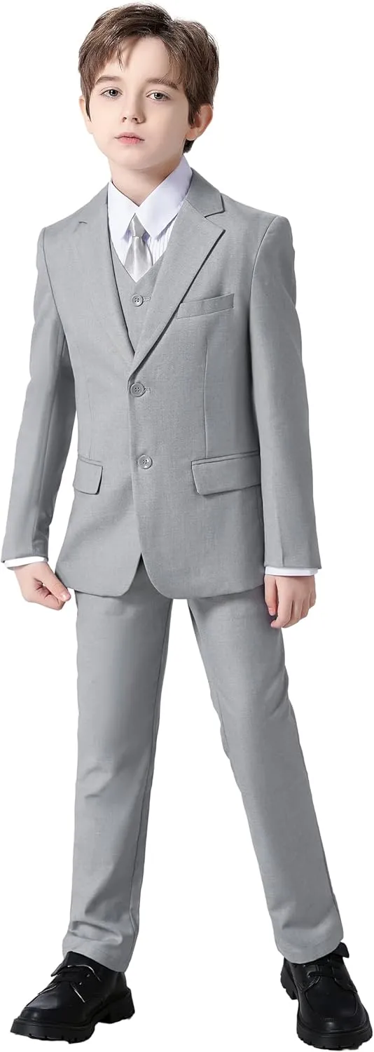 Boy's Suit Formal Slim Fit 5 Pieces Suit Set Blazer Vest Pants with Adjustable Waist Shirt with Tie