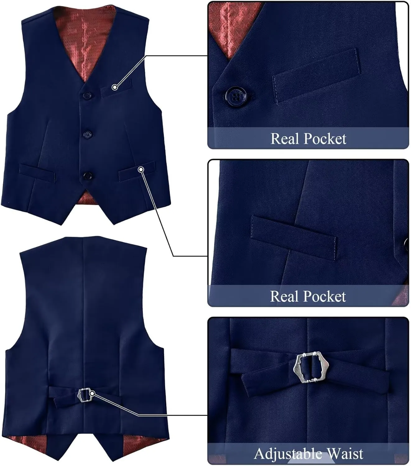 Boy's Suit Formal Slim Fit 5 Pieces Suit Set Blazer Vest Pants with Adjustable Waist Shirt with Tie