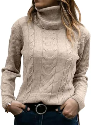 Cable Knit Sweater Women Long Sleeve Solid Color Casual Loose Chunky Knit Pullover S~2XL
