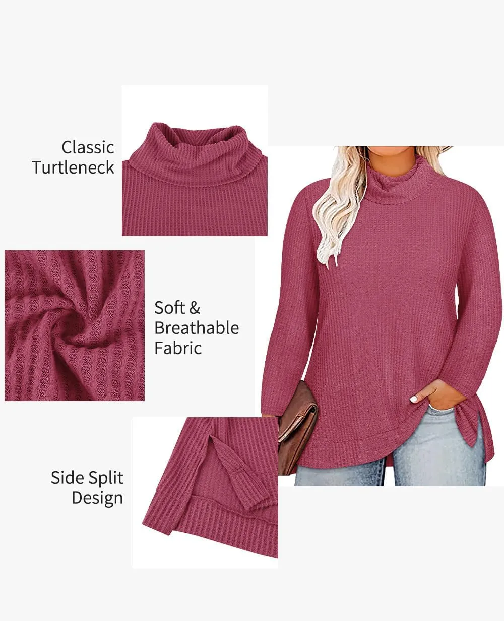 CARCOS Womens Plus Size Turtleneck Sweaters Long Sleeve Waffle Knit Tops Side Spilt Solid T-Shirts for Fall Winter