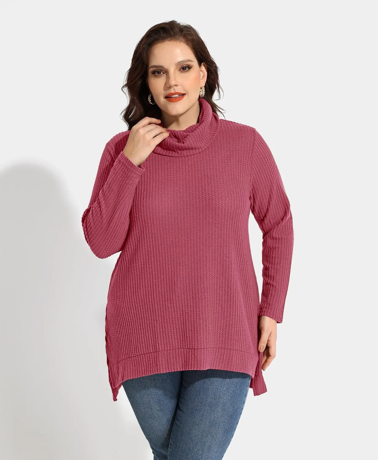 CARCOS Womens Plus Size Turtleneck Sweaters Long Sleeve Waffle Knit Tops Side Spilt Solid T-Shirts for Fall Winter