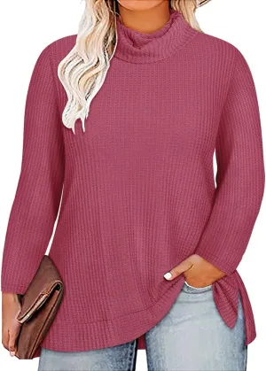 CARCOS Womens Plus Size Turtleneck Sweaters Long Sleeve Waffle Knit Tops Side Spilt Solid T-Shirts for Fall Winter