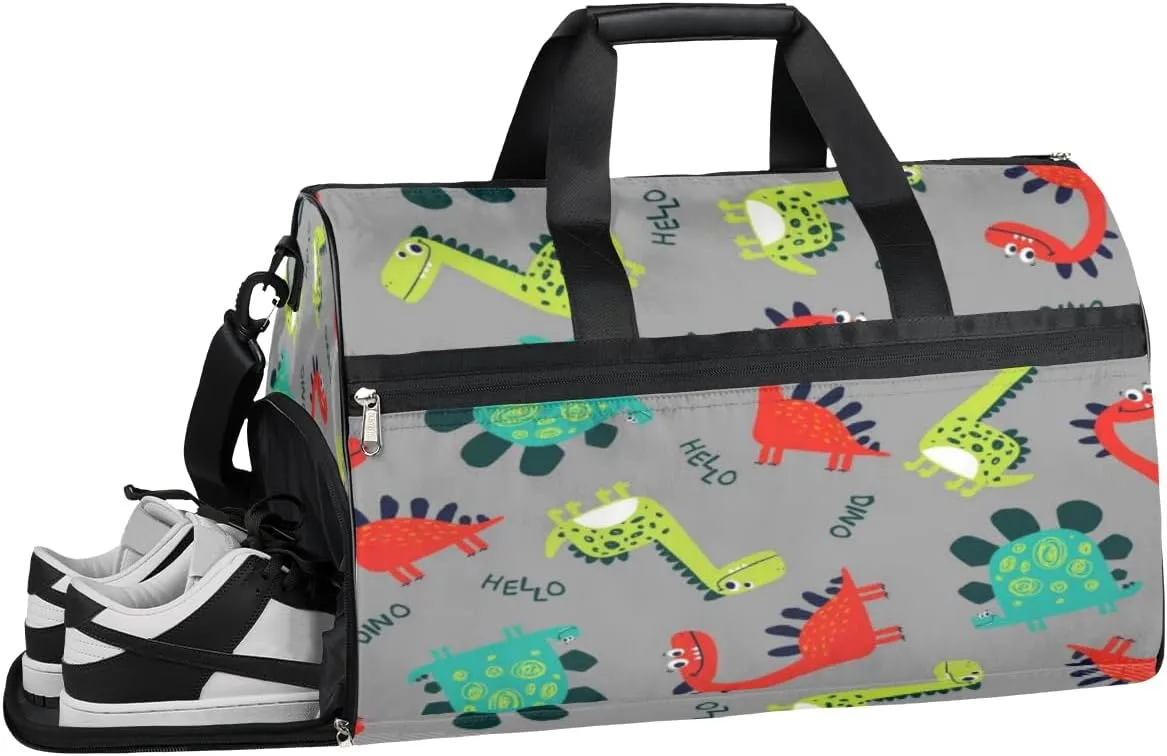 Cartoon Dinosaur Design Sports Gym Bag with Wet Pocket & Shoes Compartment Waterproof Workout Duffel Bag for Women and Men Weekender Overnight Duffle Bag Travel Carry-on Tote