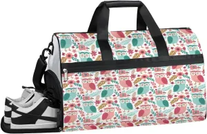Cartoon Owl Print Sports Gym Bag with Wet Pocket & Shoes Compartment Waterproof Workout Duffel Bag for Women and Men Weekender Overnight Duffle Bag Travel Carry-on Tote