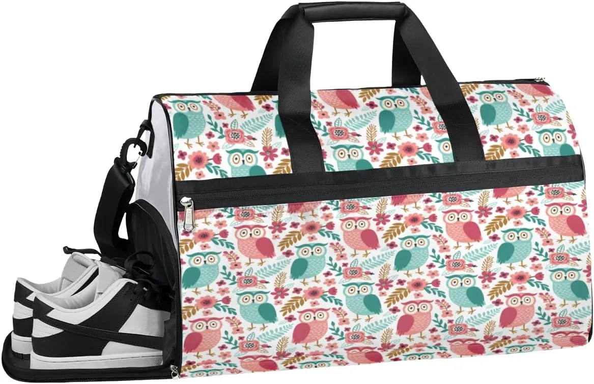 Cartoon Owl Print Sports Gym Bag with Wet Pocket & Shoes Compartment Waterproof Workout Duffel Bag for Women and Men Weekender Overnight Duffle Bag Travel Carry-on Tote