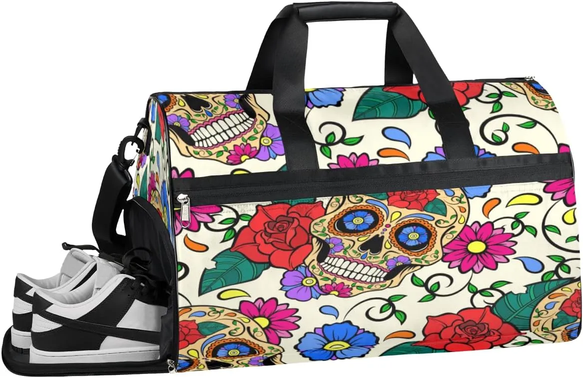 Cartoon Skull Flower Sports Gym Bag with Wet Pocket & Shoes Compartment Waterproof Workout Duffel Bag for Women and Men Weekender Overnight Duffle Bag Travel Carry-on Tote