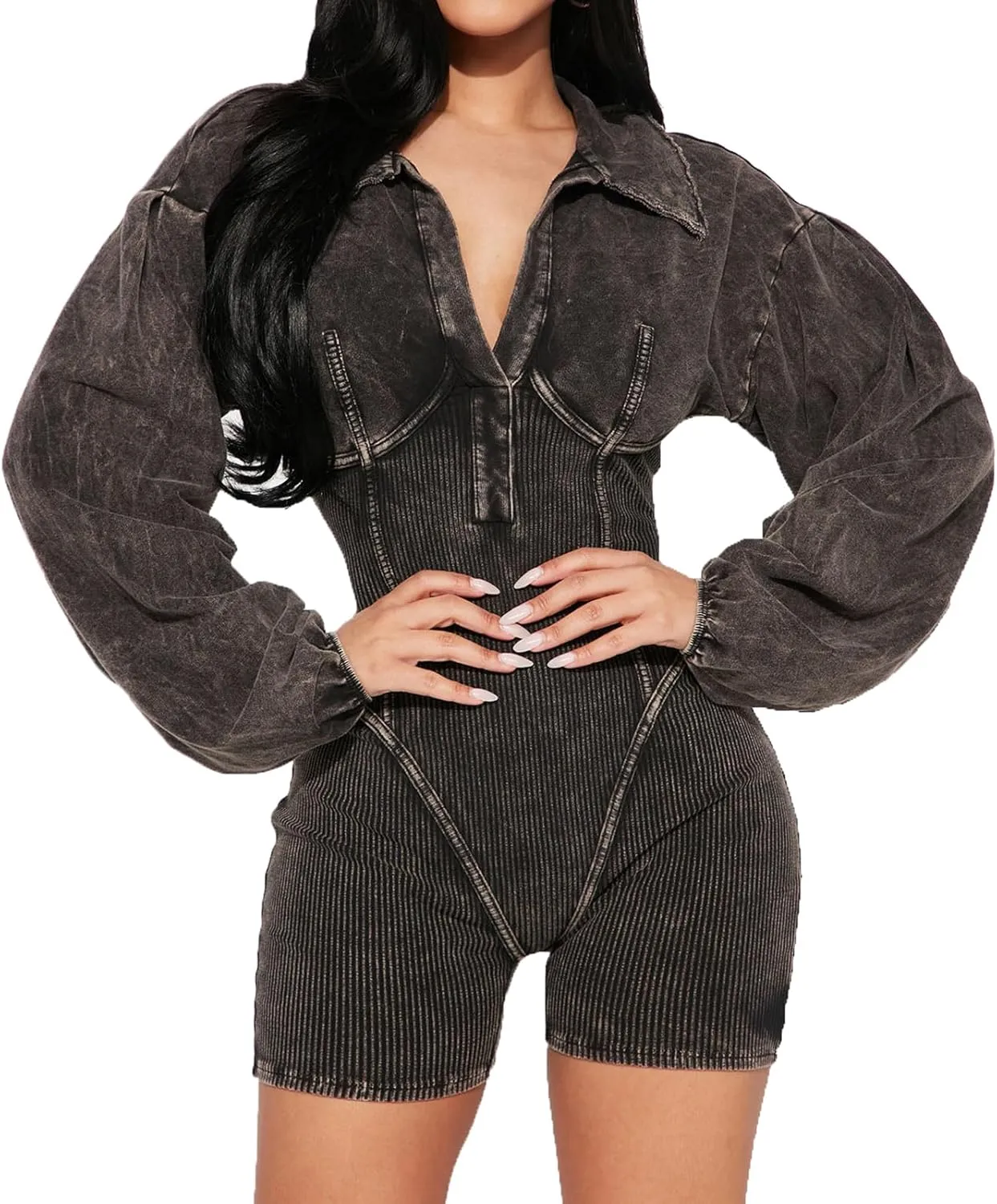 cffvdiz Women's Sexy V-Neck Denim Jumpsuit Rompers Slim Fit Waisted Long Sleeve Jean Short Jumpsuit