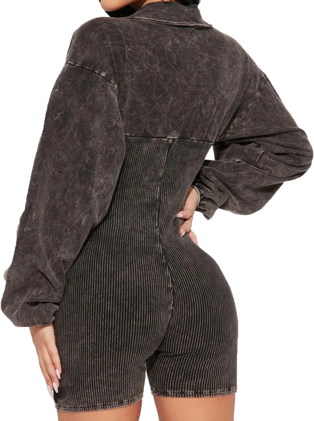 cffvdiz Women's Sexy V-Neck Denim Jumpsuit Rompers Slim Fit Waisted Long Sleeve Jean Short Jumpsuit