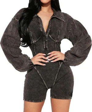 cffvdiz Women's Sexy V-Neck Denim Jumpsuit Rompers Slim Fit Waisted Long Sleeve Jean Short Jumpsuit