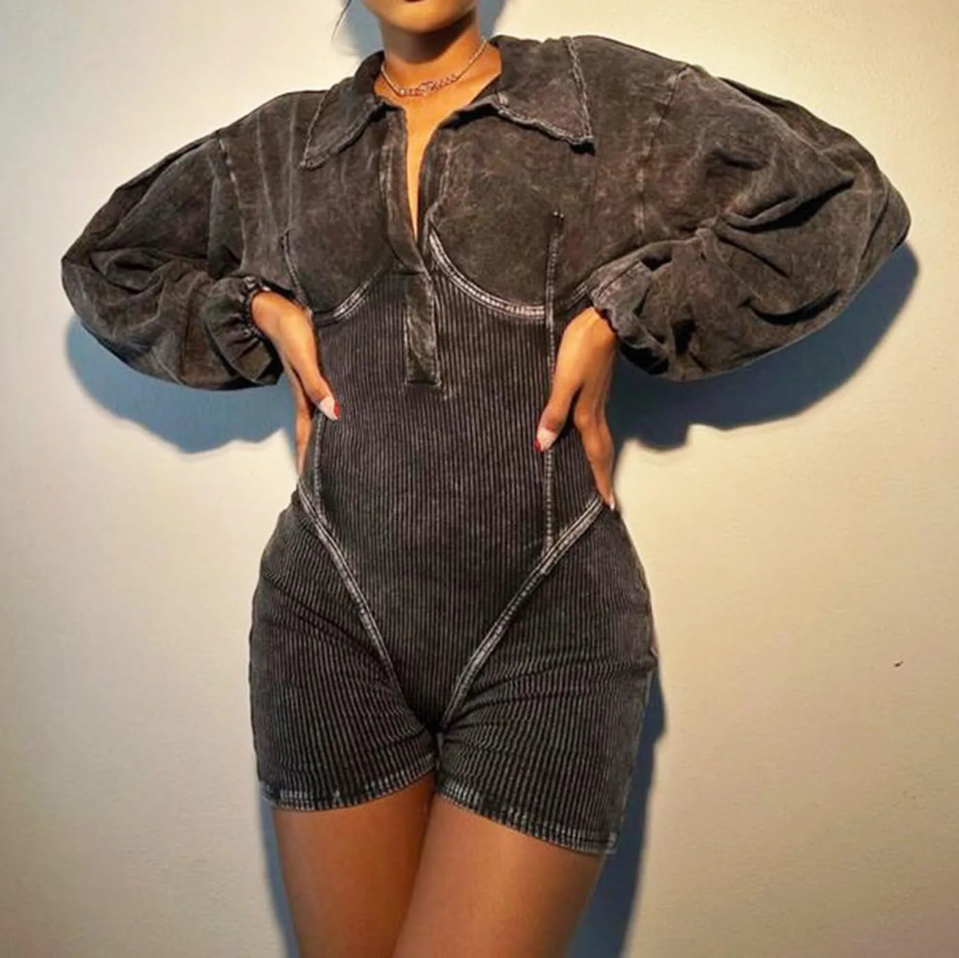 cffvdiz Women's Sexy V-Neck Denim Jumpsuit Rompers Slim Fit Waisted Long Sleeve Jean Short Jumpsuit