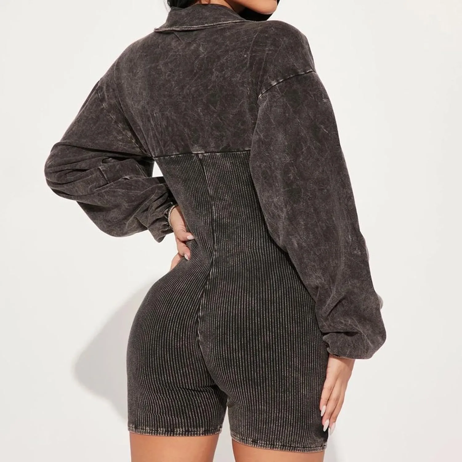 cffvdiz Women's Sexy V-Neck Denim Jumpsuit Rompers Slim Fit Waisted Long Sleeve Jean Short Jumpsuit