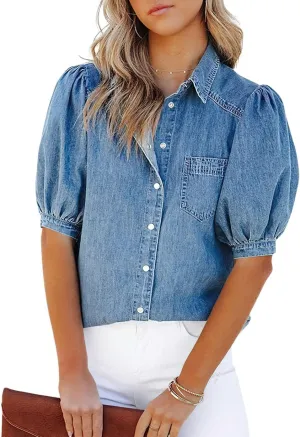 chouyatou Women's Summer Puff Sleeve Denim Shirt Business Casual Tops Blouse Button-Down Shirt