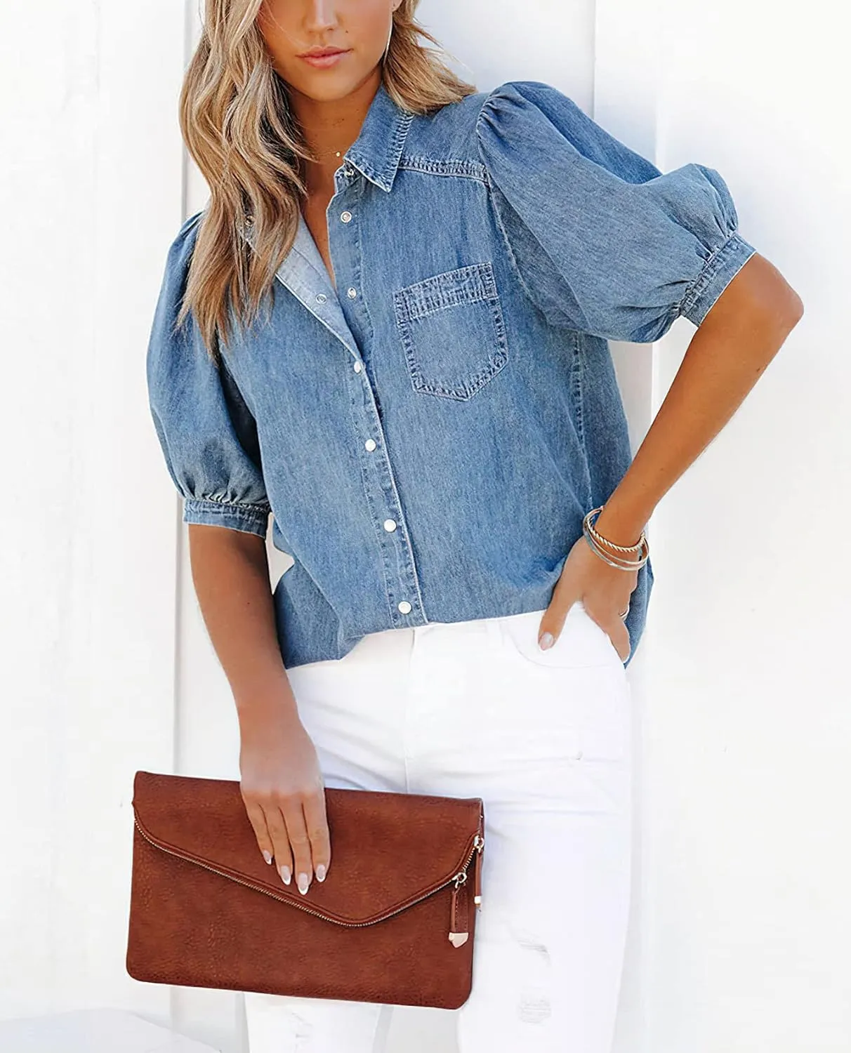 chouyatou Women's Summer Puff Sleeve Denim Shirt Business Casual Tops Blouse Button-Down Shirt