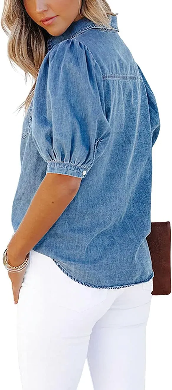 chouyatou Women's Summer Puff Sleeve Denim Shirt Business Casual Tops Blouse Button-Down Shirt