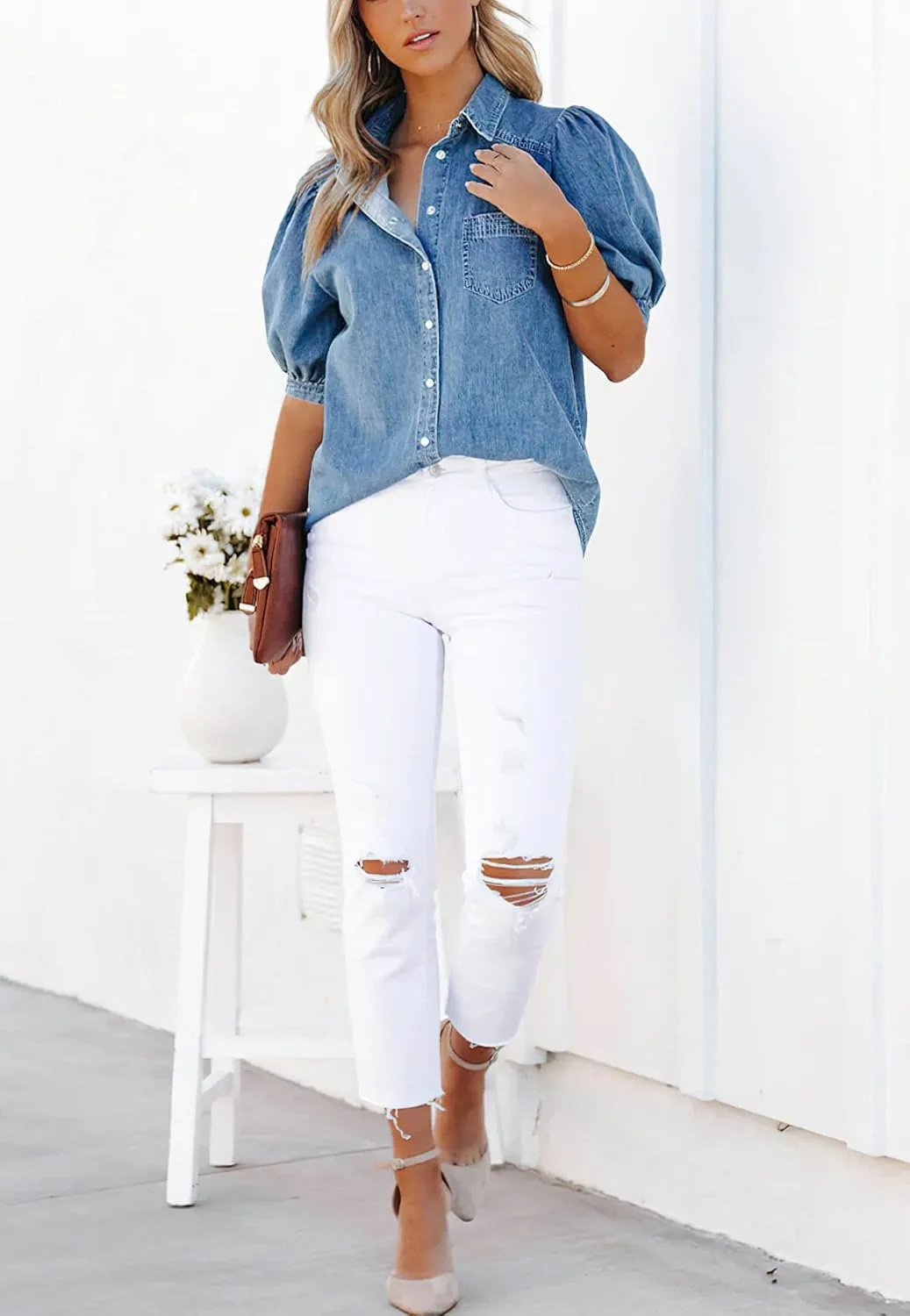 chouyatou Women's Summer Puff Sleeve Denim Shirt Business Casual Tops Blouse Button-Down Shirt