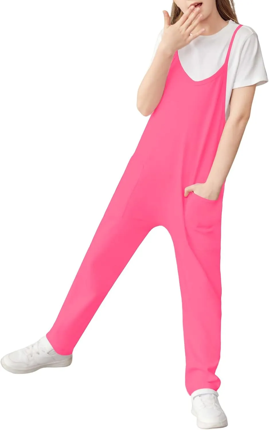 Cnkwei Girls' Casual Sleeveless Jumpsuits Spaghetti Strap Loose Romper Long Pants with Pockets