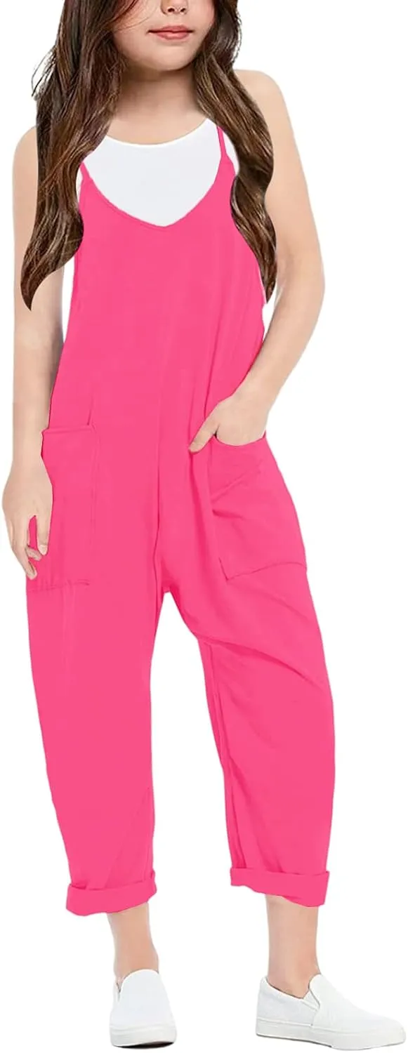 Cnkwei Girls' Casual Sleeveless Jumpsuits Spaghetti Strap Loose Romper Long Pants with Pockets