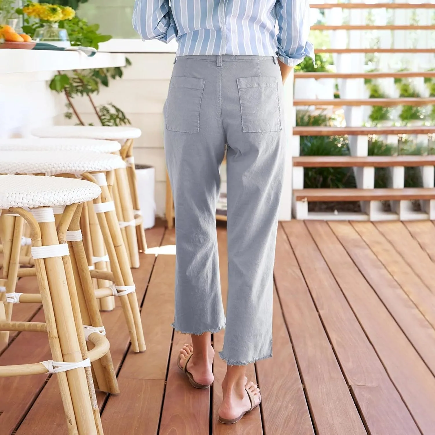 Cotton Linen Cropped Pants Women Straight Leg Capris Summer Business Casual Work Pants Ankle Length Chino Trousers
