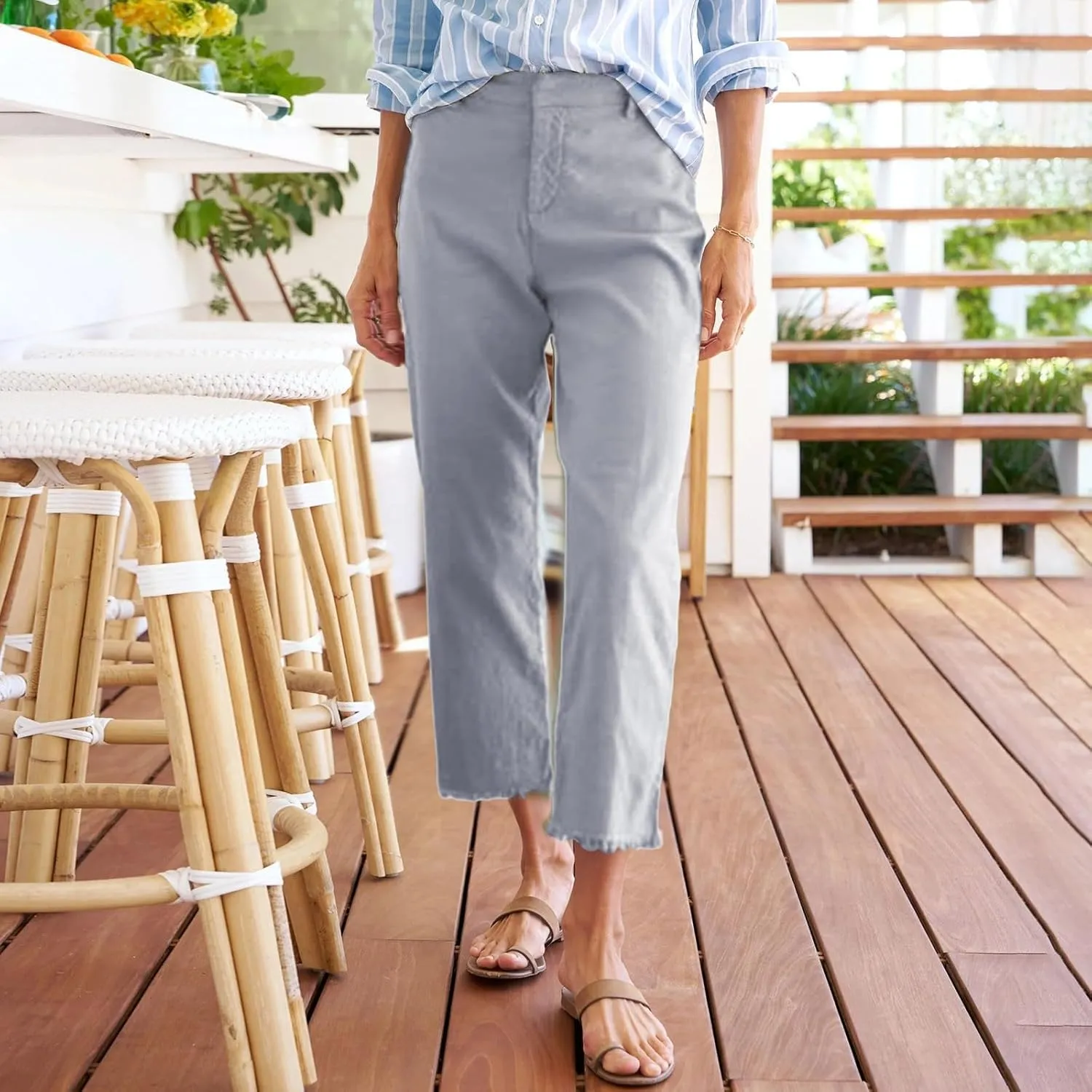 Cotton Linen Cropped Pants Women Straight Leg Capris Summer Business Casual Work Pants Ankle Length Chino Trousers