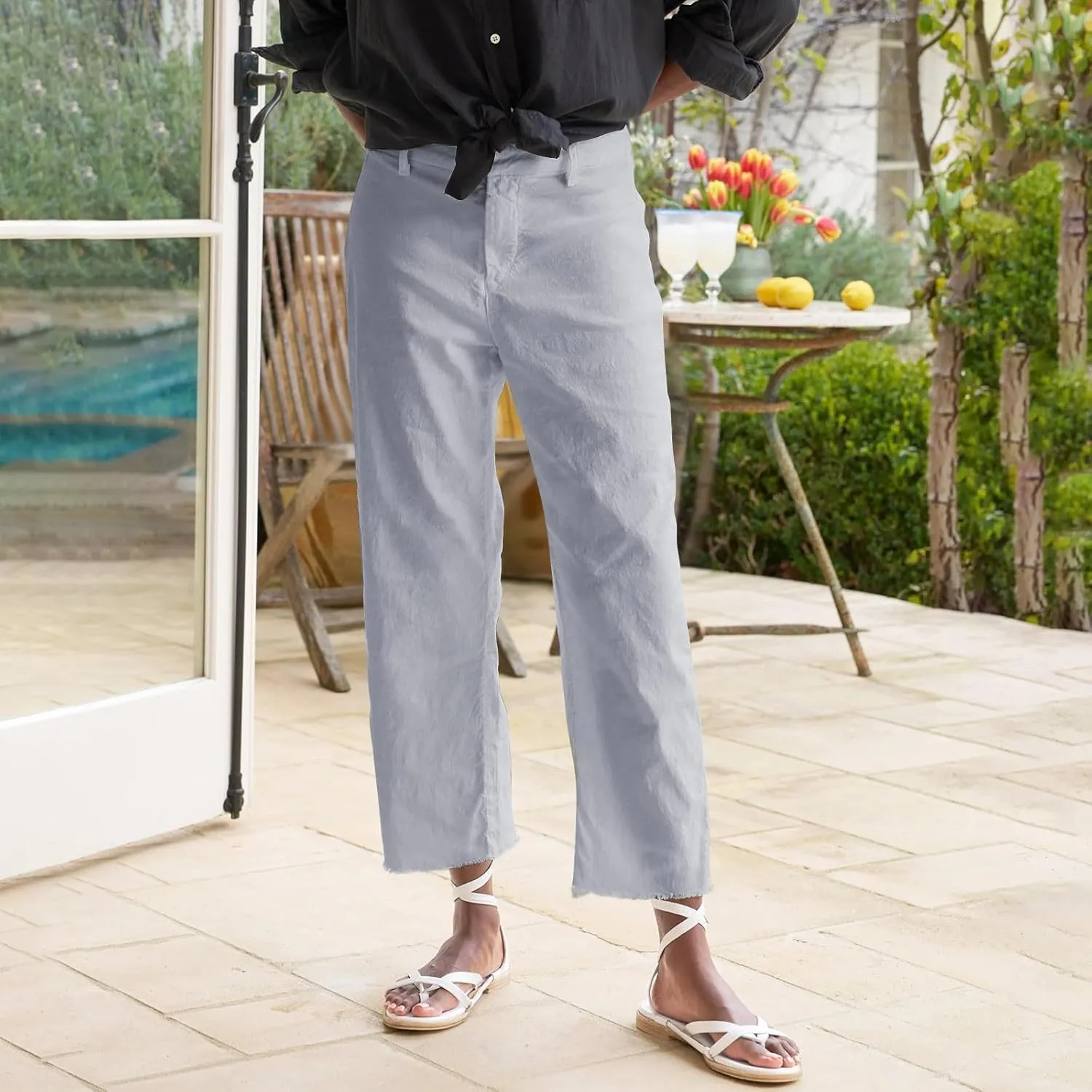Cotton Linen Cropped Pants Women Straight Leg Capris Summer Business Casual Work Pants Ankle Length Chino Trousers
