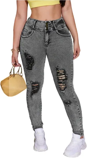 Cropped Jeans for Women Ripped Stretchy Skinny High Waisted Butt Lifting Button Denim Boyfriend Jeans with Pockets