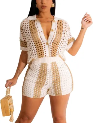 cu4eve Crochet Sets Two Piece Women Summer Causal Knit Short Sleeve Button Down Shirt and Shorts Matching Set Jumpsuit