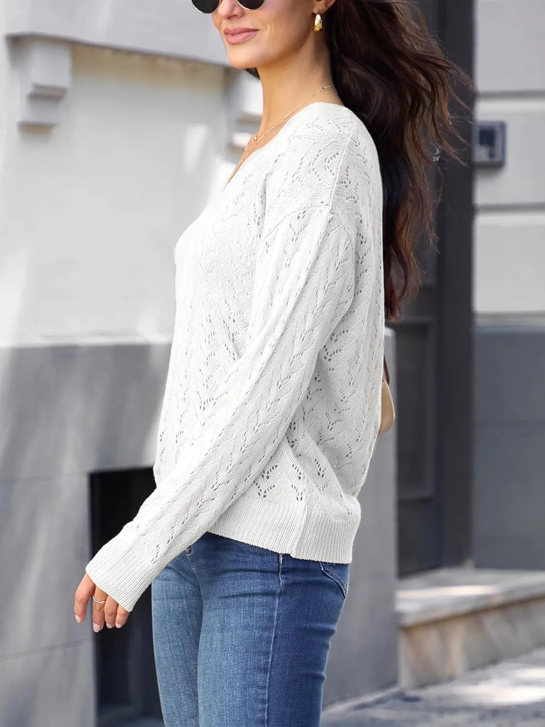 CUPSHE Women's Sweater V Neck Long Sleeve Hollow Cable Knit Pullover Tops