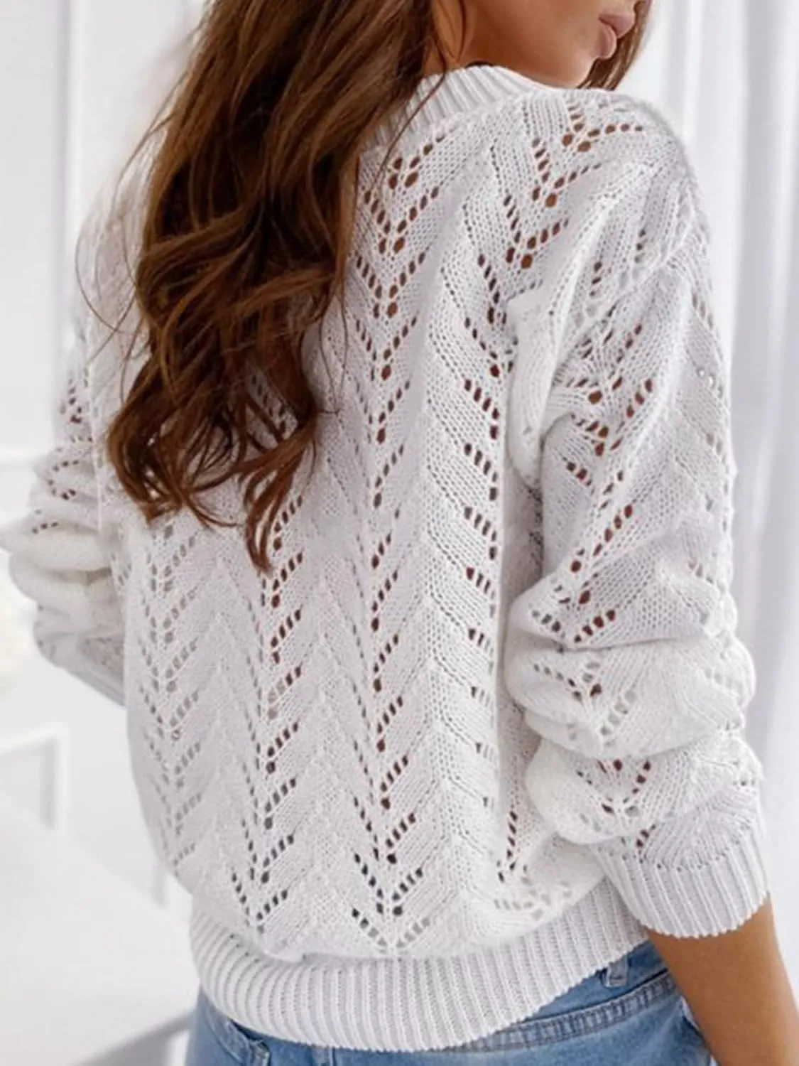 CUPSHE Women's Sweater V Neck Long Sleeve Hollow Cable Knit Pullover Tops