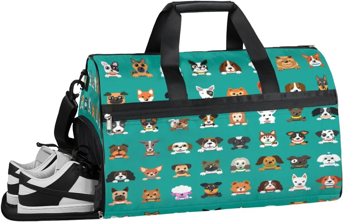 Cute Animals Dogs Sports Gym Bag with Wet Pocket & Shoes Compartment Waterproof Workout Duffel Bag for Women and Men Weekender Overnight Duffle Bag Travel Carry-on Tote