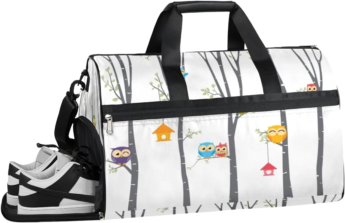 Cute Owls Tree Sports Gym Bag with Wet Pocket & Shoes Compartment Waterproof Workout Duffel Bag for Women and Men Weekender Overnight Duffle Bag Travel Carry-on Tote