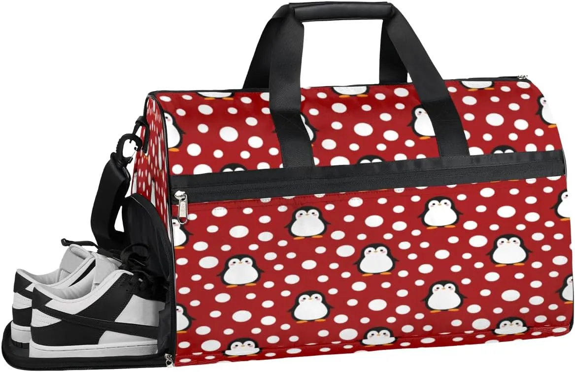 Cute Penguin Polka Dots Sports Gym Bag with Wet Pocket & Shoes Compartment Waterproof Workout Duffel Bag for Women and Men Weekender Overnight Duffle Bag Travel Carry-on Tote