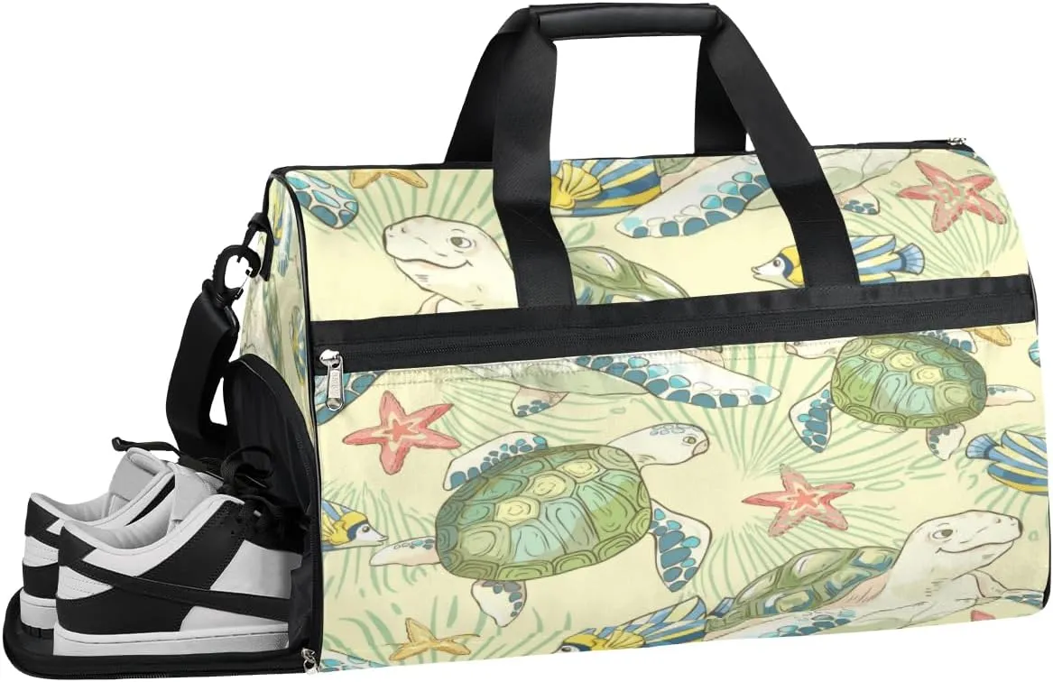 Cute Sea Turtle Sports Gym Bag with Wet Pocket & Shoes Compartment Waterproof Workout Duffel Bag for Women and Men Weekender Overnight Duffle Bag Travel Carry-on Tote