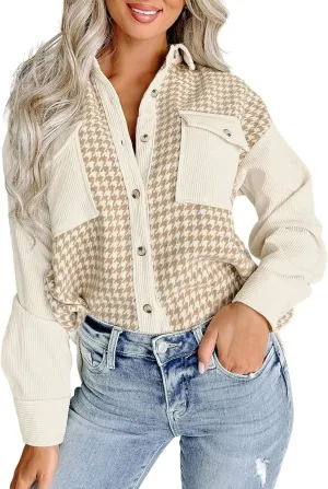 Dokotoo Womens Corduroy Color Block Button Down Shirts Casual V Neck Plaid Long Sleeve Oversized Blouses Tops