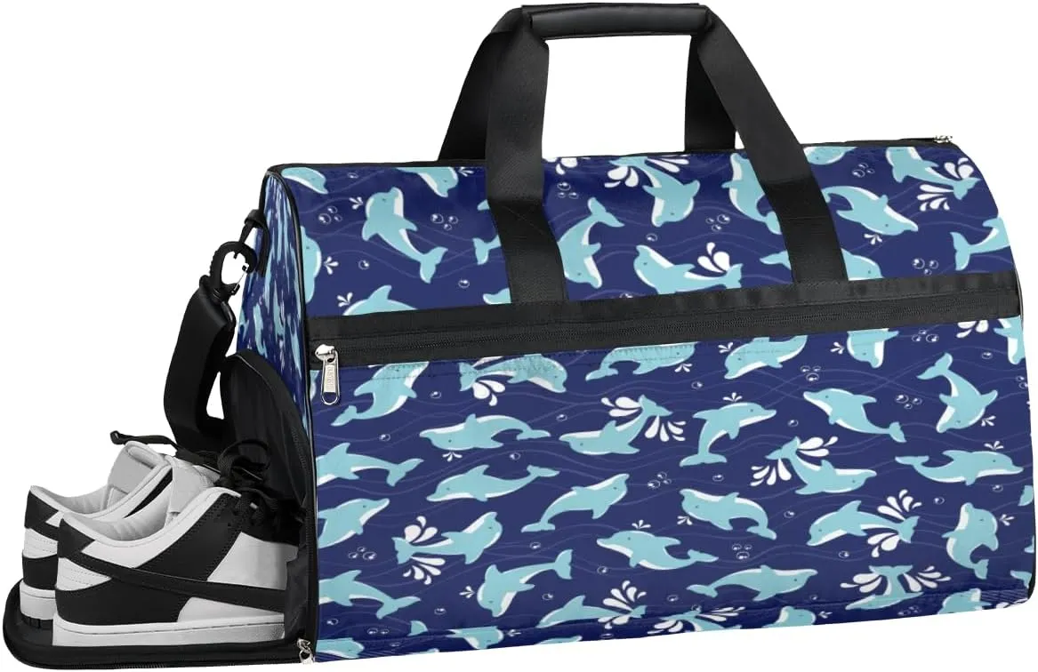 Dolphins Sports Gym Bag with Wet Pocket & Shoes Compartment Waterproof Workout Duffel Bag for Women and Men Weekender Overnight Duffle Bag Travel Carry-on Tote