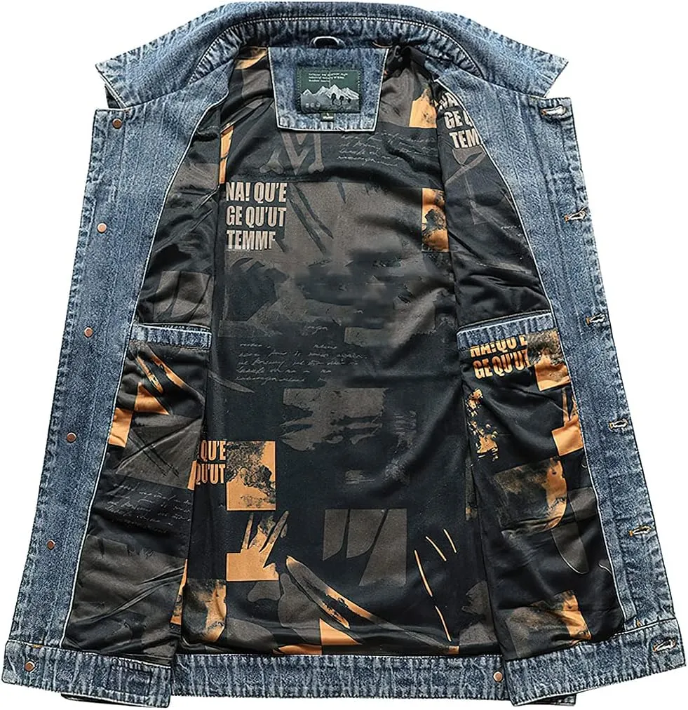 ebossy Men's Vintage Distressed Denim Vest Casual Sleeveless Relaxed Fit Trucker Washed Jean Jacket Outwear with Lining