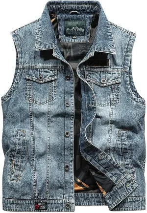 ebossy Men's Vintage Distressed Denim Vest Casual Sleeveless Relaxed Fit Trucker Washed Jean Jacket Outwear with Lining