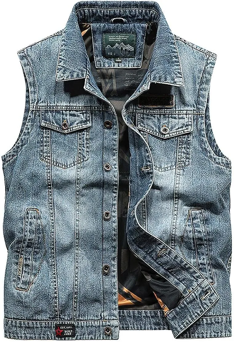 ebossy Men's Vintage Distressed Denim Vest Casual Sleeveless Relaxed Fit Trucker Washed Jean Jacket Outwear with Lining
