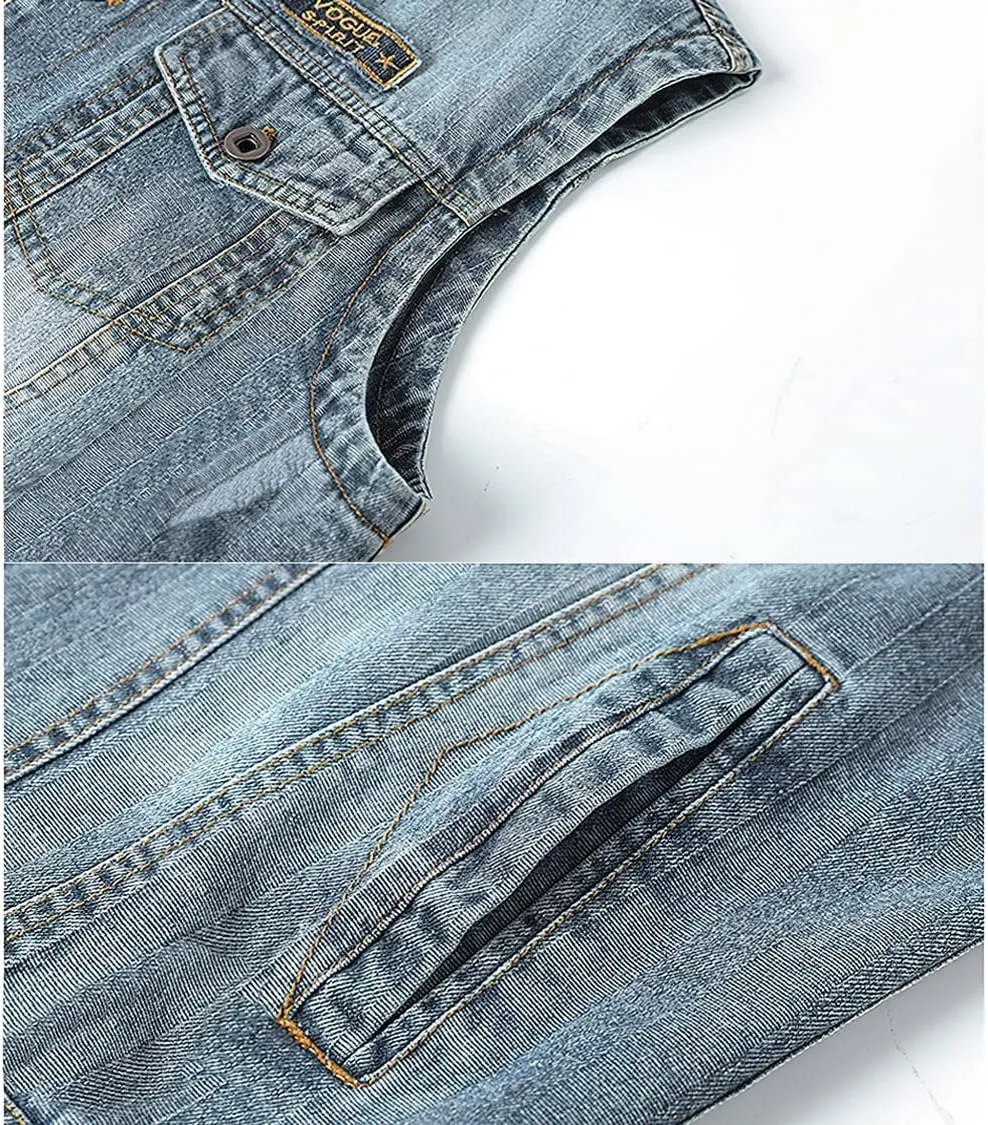 ebossy Men's Vintage Distressed Denim Vest Casual Sleeveless Relaxed Fit Trucker Washed Jean Jacket Outwear with Lining