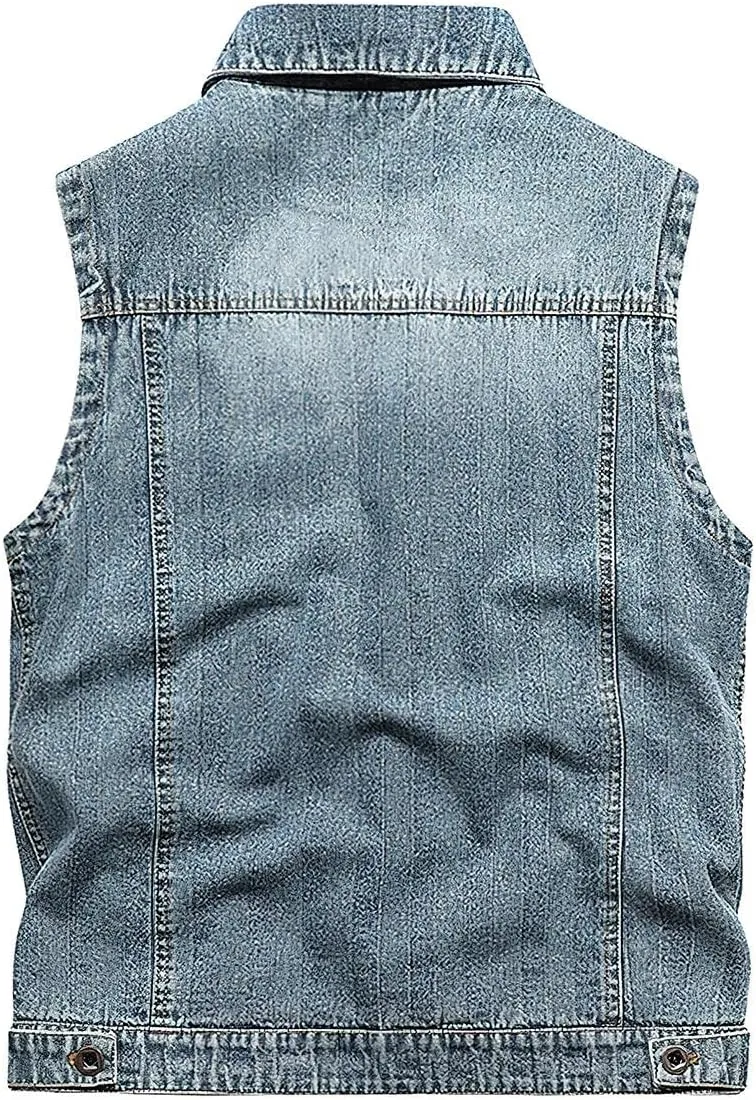 ebossy Men's Vintage Distressed Denim Vest Casual Sleeveless Relaxed Fit Trucker Washed Jean Jacket Outwear with Lining