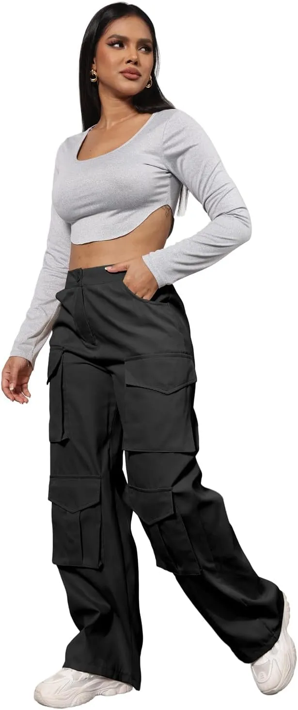 ECHOINE Baggy Cargo Pants for Women Multiple Pockets Jogger Wide Leg High Waist Loose Pocket Y2K Pants S XXL