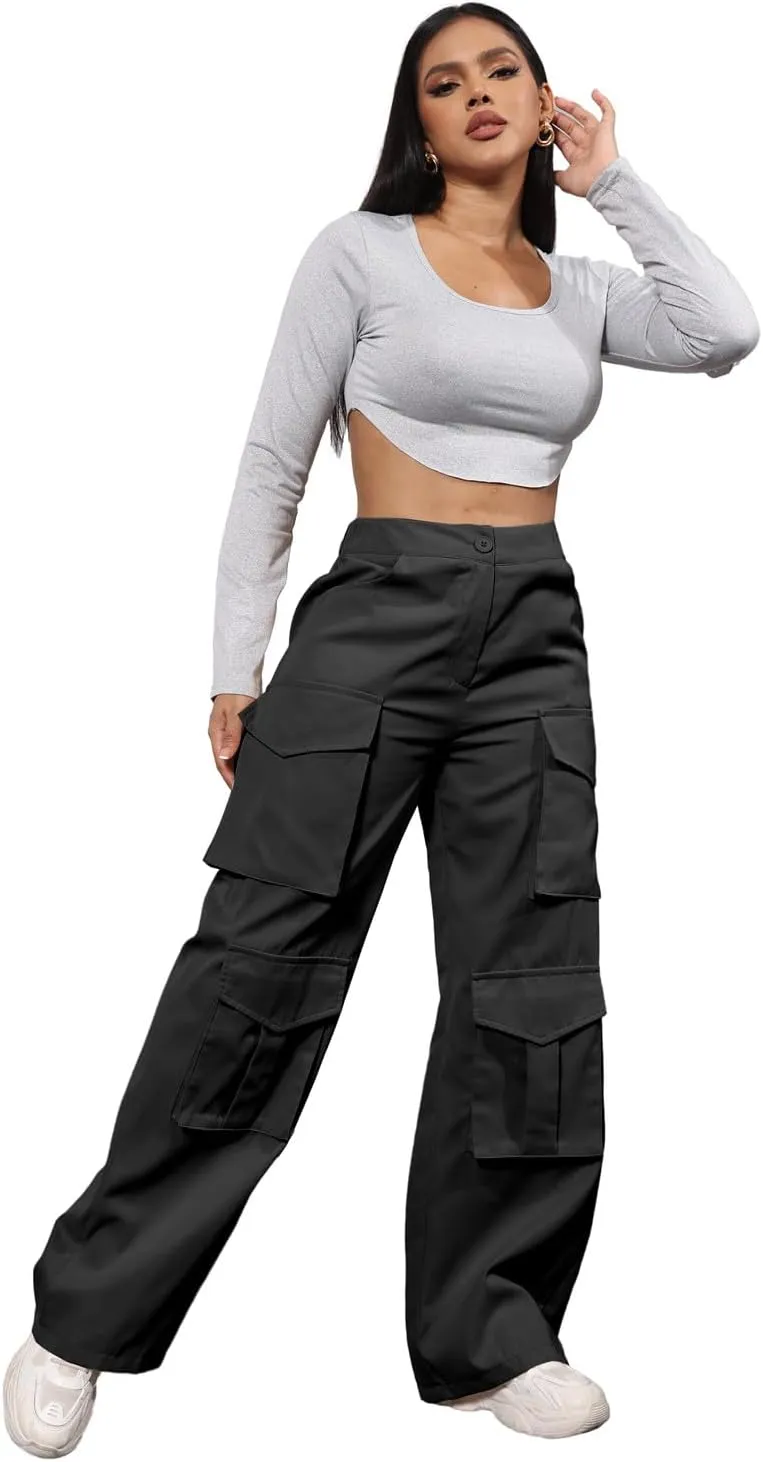 ECHOINE Baggy Cargo Pants for Women Multiple Pockets Jogger Wide Leg High Waist Loose Pocket Y2K Pants S XXL