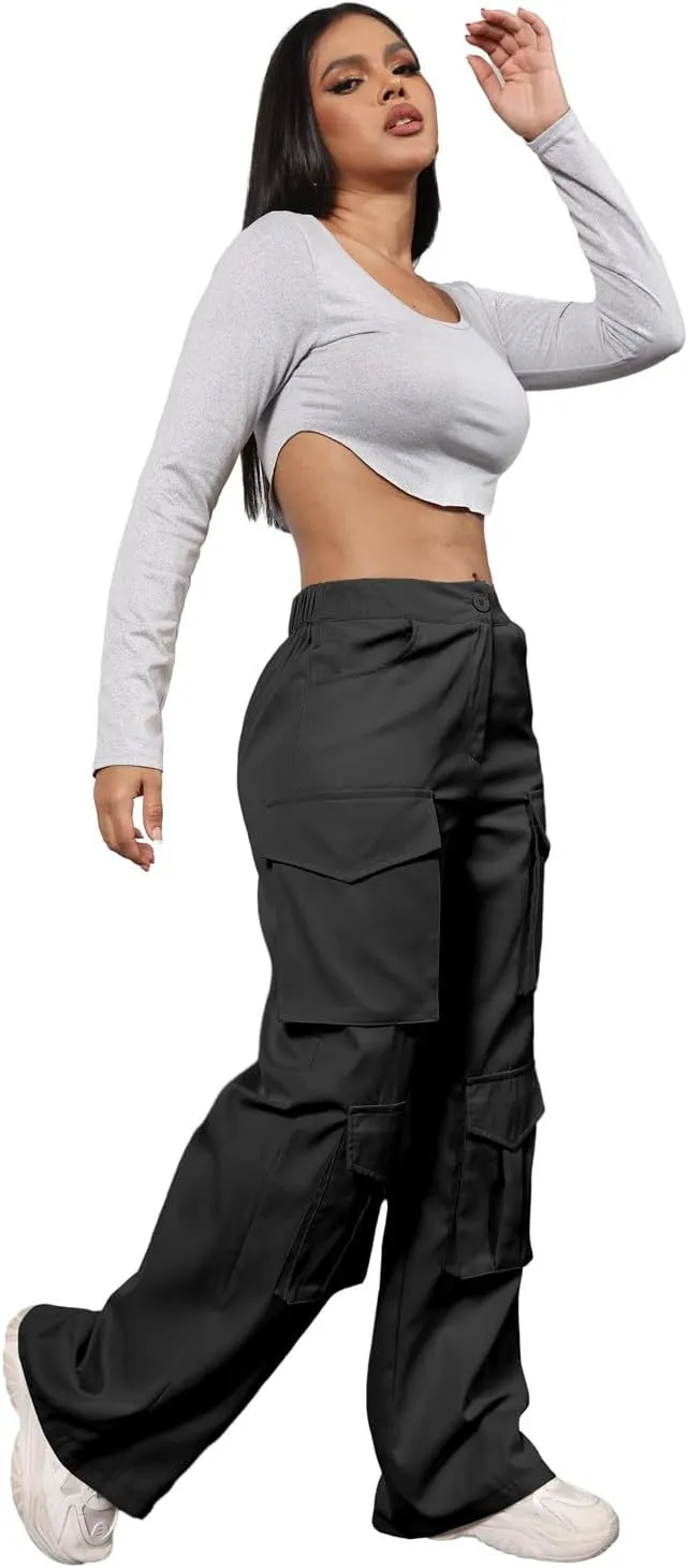 ECHOINE Baggy Cargo Pants for Women Multiple Pockets Jogger Wide Leg High Waist Loose Pocket Y2K Pants S XXL