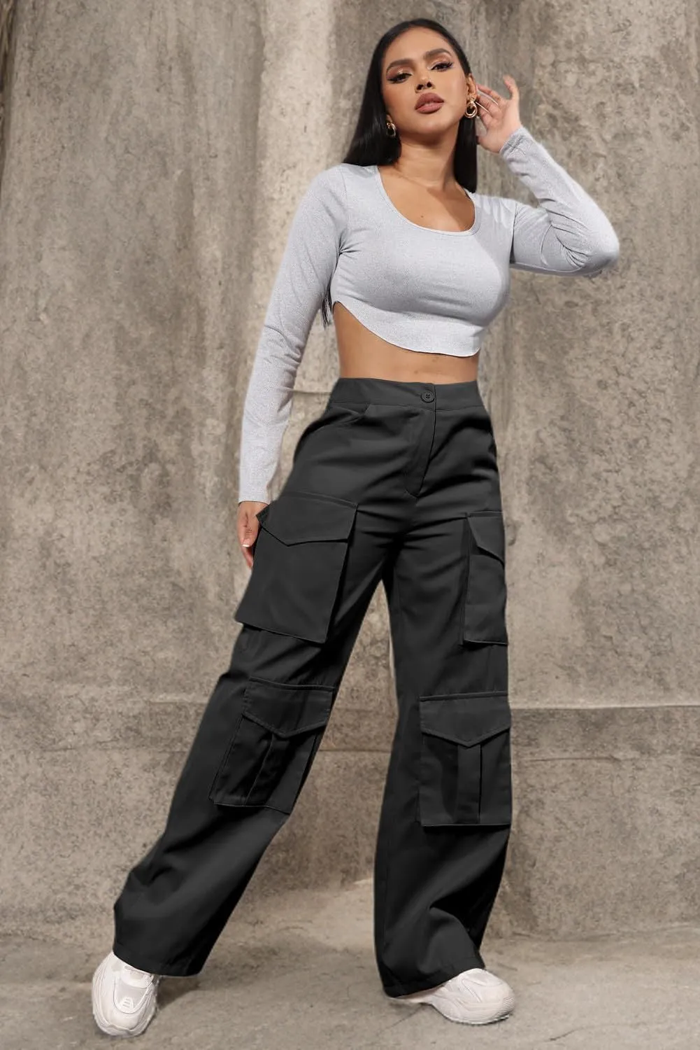 ECHOINE Baggy Cargo Pants for Women Multiple Pockets Jogger Wide Leg High Waist Loose Pocket Y2K Pants S XXL