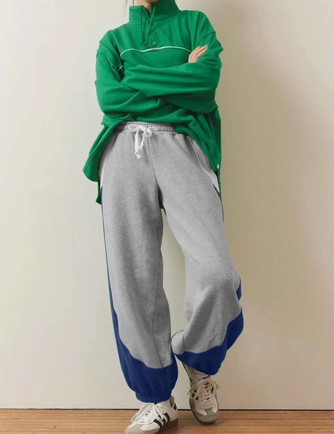 Eisctnd Women Colorblock Sweatpants Warm Sherpa Lined Athletic Fleece Jogger Pants Drawstring Winter Workout Trousers