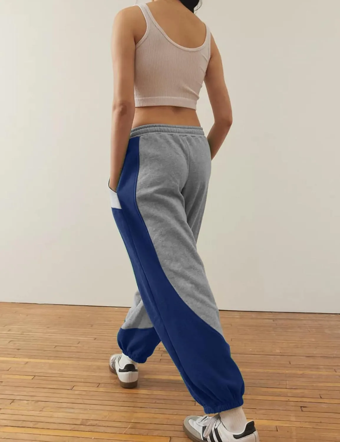 Eisctnd Women Colorblock Sweatpants Warm Sherpa Lined Athletic Fleece Jogger Pants Drawstring Winter Workout Trousers