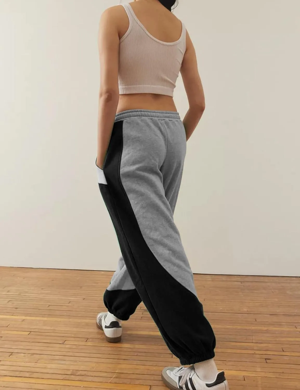 Eisctnd Women Colorblock Sweatpants Warm Sherpa Lined Athletic Fleece Jogger Pants Drawstring Winter Workout Trousers
