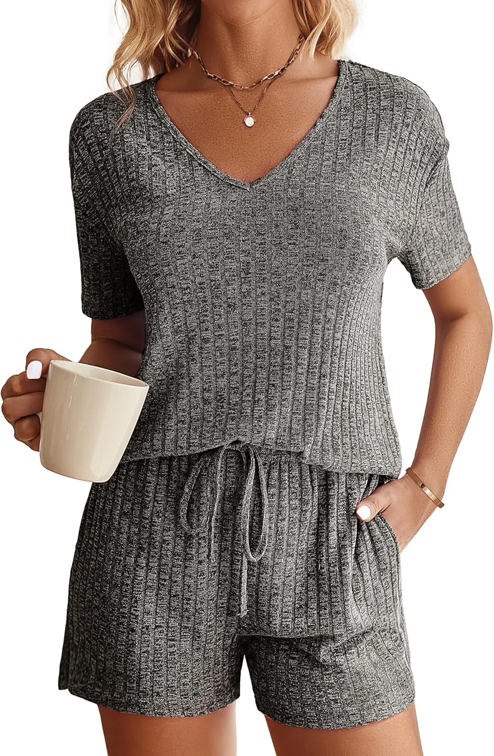 Ekouaer Womens Ribbed Knit Lounge Set Short Sleeve Top and Shorts Sleepwear Pajama Set Two Piece Shorts Outfits Set